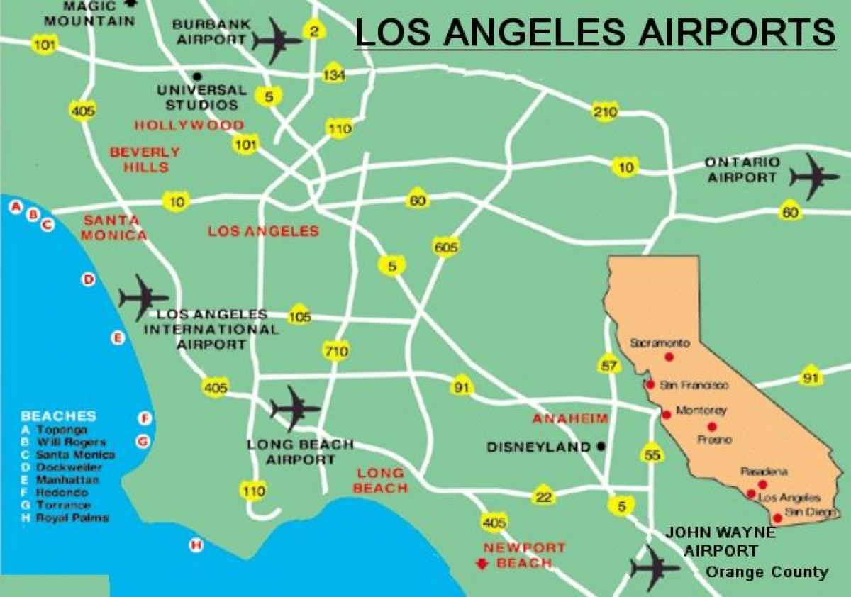 La région de Los Angeles carte d'aéroports