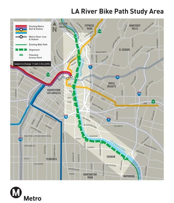 Los Angeles rivière, piste cyclable carte